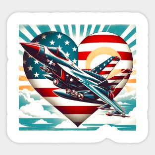 Retro Fighter Jet Airplane American Flag Heart 4Th Of July Sticker
